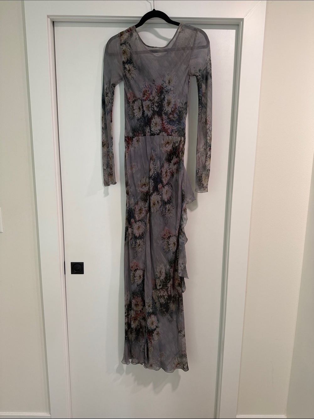 Alberta Ferretti Gray Floral Sheer Long-Sleeve Maxi Dress